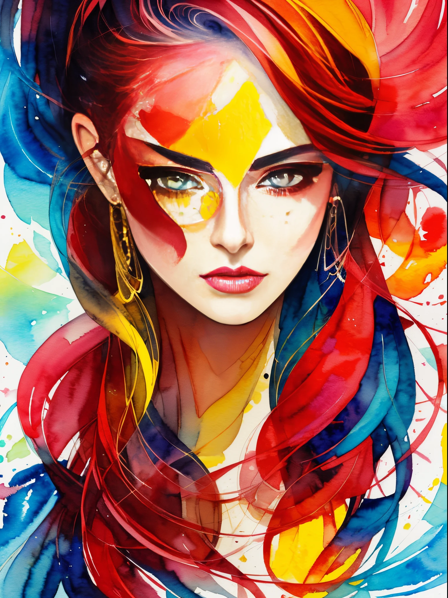 A painting of a woman with a red and yellow face, Sylvia Pelissero watercolors, Tumbler, figurative art, Intense watercolor painting, watercolor detailed art,expressive beautiful painting, a beautiful artwork illustration, very colorful tones, Fantastical, Best Quality,Official art, Female Solo, a closeup, contour of the wave