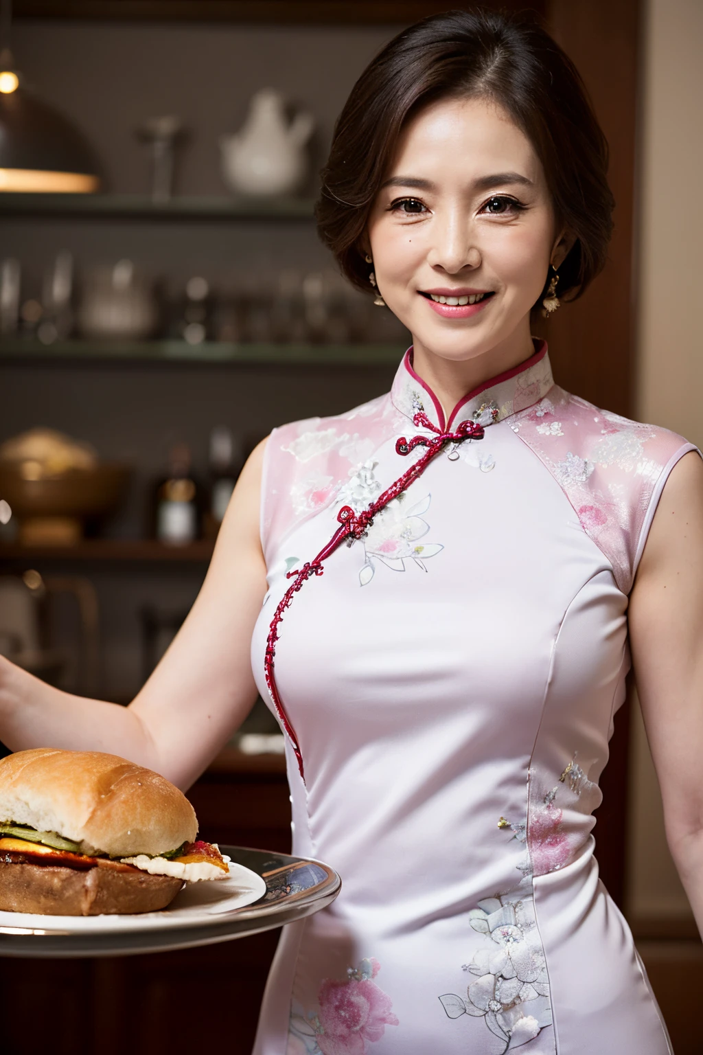 (masutepiece:1.4), High Definition,(High quality:1.4),(60-year-old woman:1.4),(Wrinkles on the face:1.4),Beautie,breasts,Smile,Dinner party,Cheongsam Dress