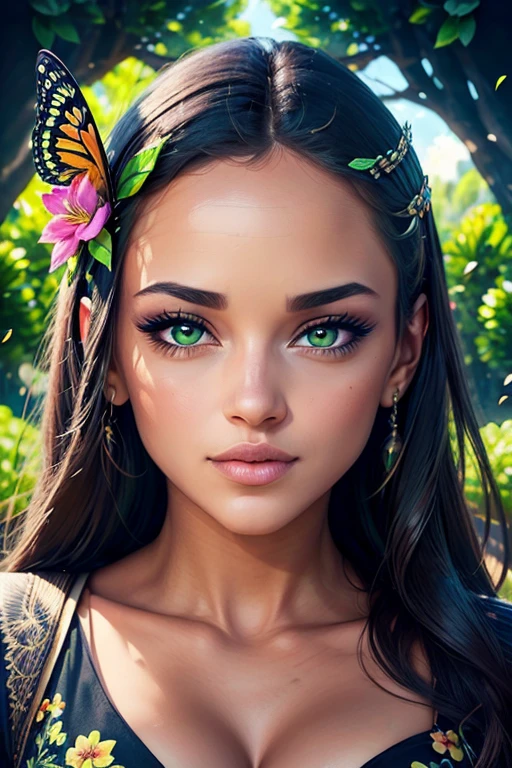 beautiful detailed eyes,beautiful detailed lips,extremely detailed eyes and face,longeyelashes,1girl,vector art,green garden with colorful flowers,butterflies flying around,clear blue sky,best quality,ultra-detailed,realistic,photography,vibrant colors,warm color tone,soft lighting