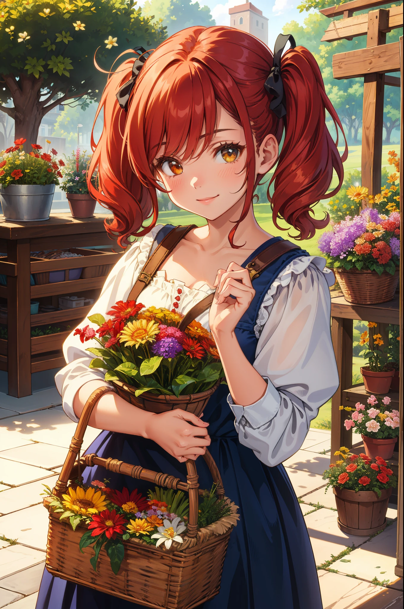 beautiful, (masterpiece:1.2), (best quality:1.2), Early 20th century Canada, cute  smiling at viewer, Medium length red hair styled into pig tails, holding a basket full of flowers.