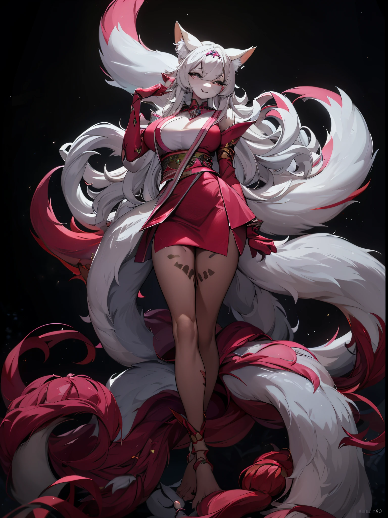 （Best quality），4K，Noble female nine-tailed white fox，furry ears and hands and feet，long leges，The expression is fascinating，Wear tribal clothing，forest backgrou，orc race，Pink Long Hair，vivd colour