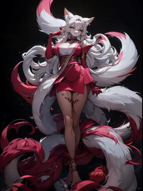 （Best quality），4K，Noble female nine-tailed white fox，furry ears and hands and feet，long leges，The expression is fascinating，Wear...