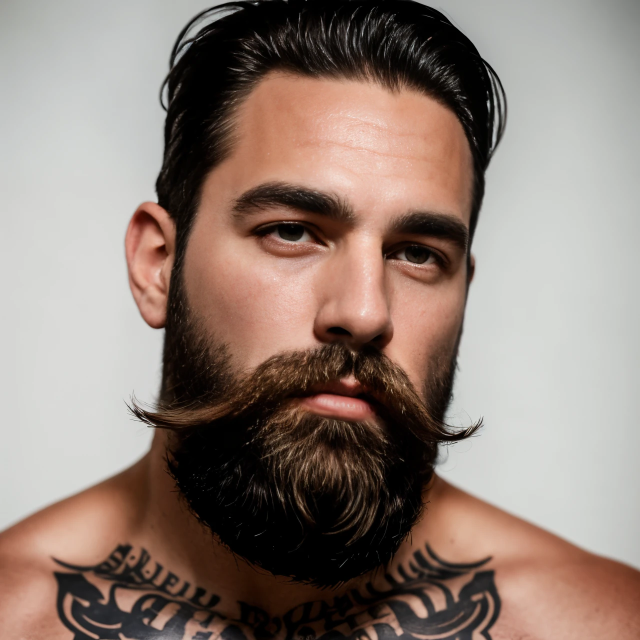 A close up of a man with a beard and a tattoo on his chest - SeaArt AI