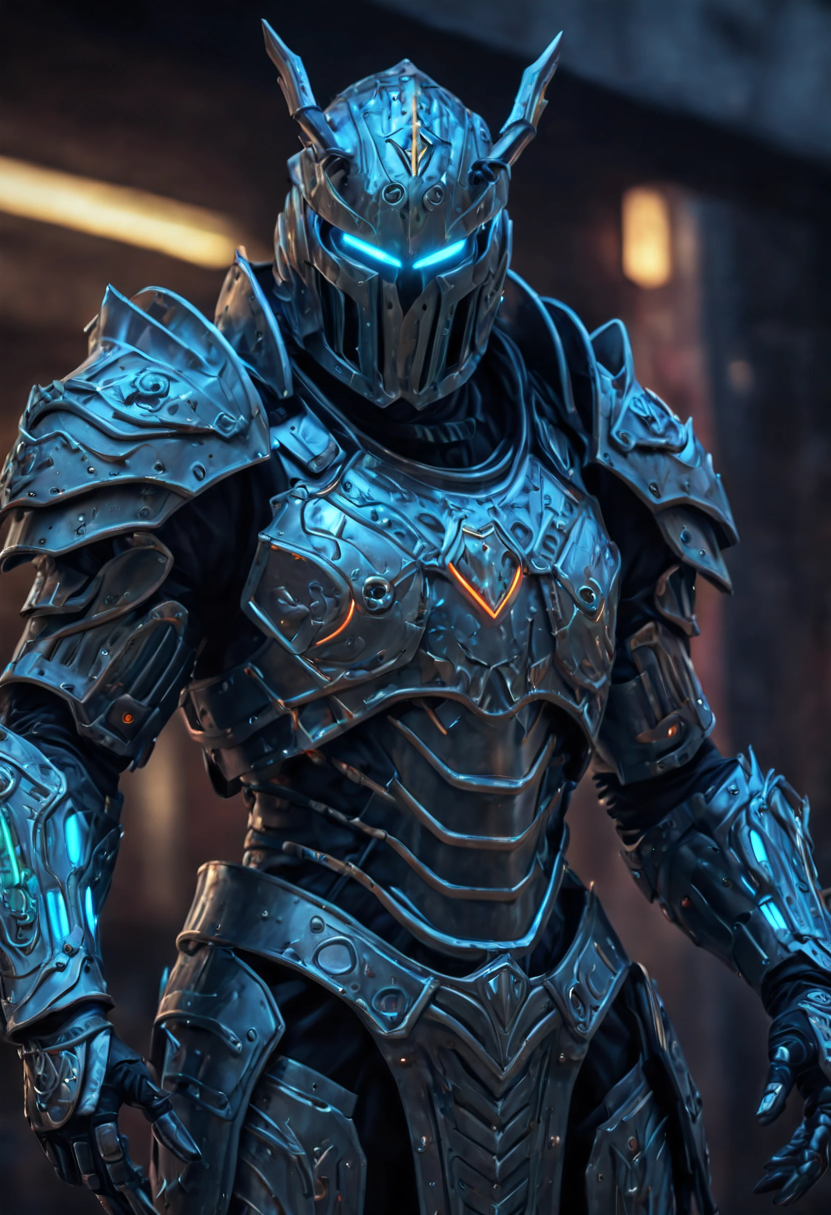 a amazing terrifying warrior, (highres,HDR:1.2),detailed medieval armor with neon and cybernatic arm, ((sci-fi, futuristic))