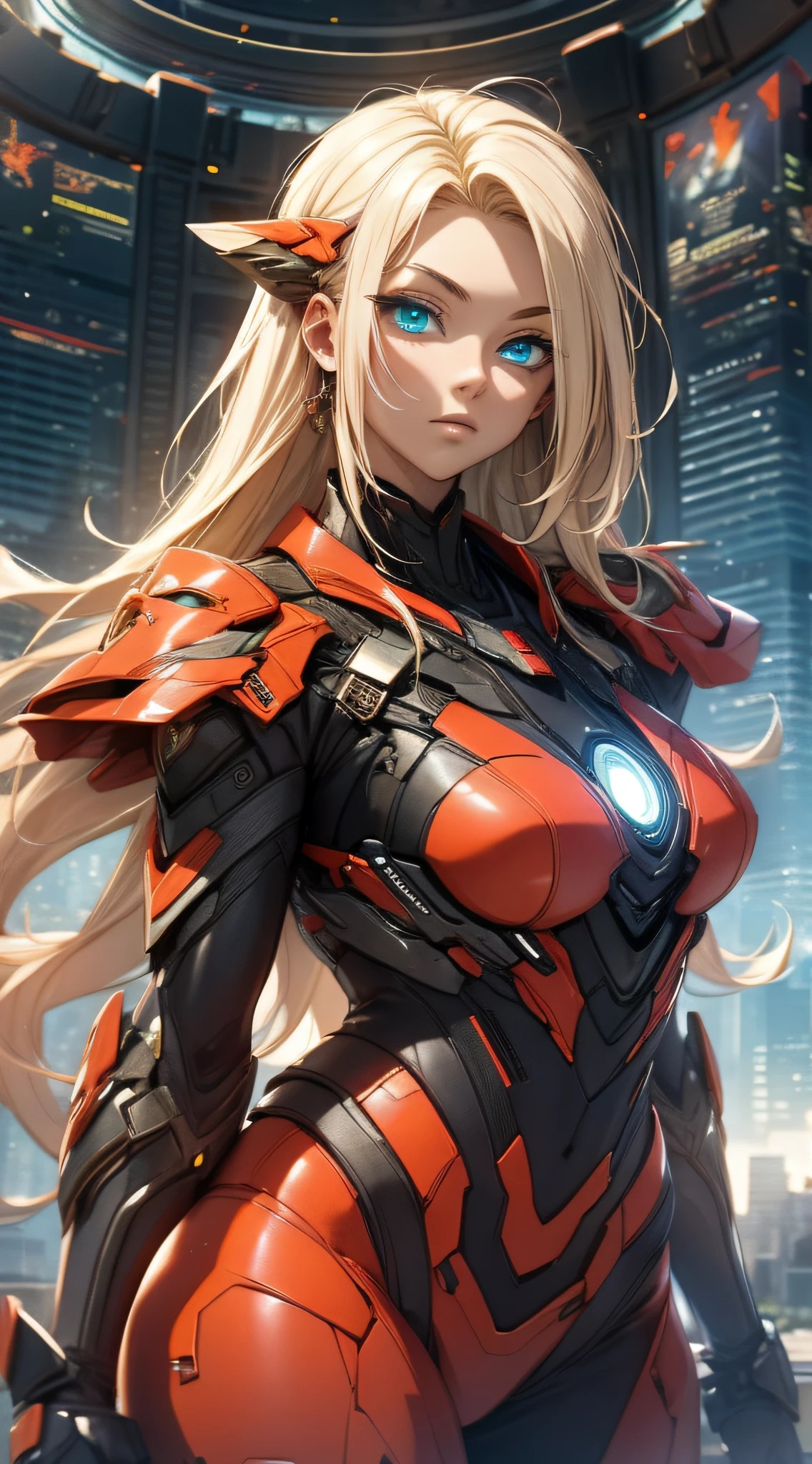 top-quality、Top image quality、​masterpiece、Huge Girl((black mechanic body、Shining red body line、Thorny armor、18year old、 Ager、Best Bust、big bast,Beautiful light blue eyes, Long Blonde Hair、A slender,Large valleys、Reflecting the whole body)),hiquality、Beautiful Art、Background with((chee、Skyscrapers、helicopter、Bolides))​masterpiece、depth of fields,