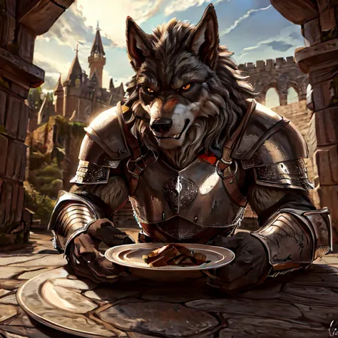 8k, super detail, best quality, anatomically correct, textured fur, solo, male, anthro, ((werewolf wearing plate mail armor)), h...