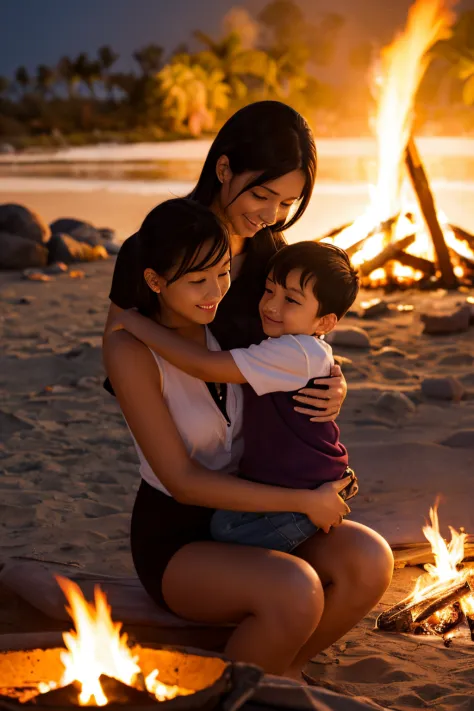 campfire, outdoors, beach, night time, fire sparks, dark brown skin, mother and son, young boy sitting on his mom's lap,