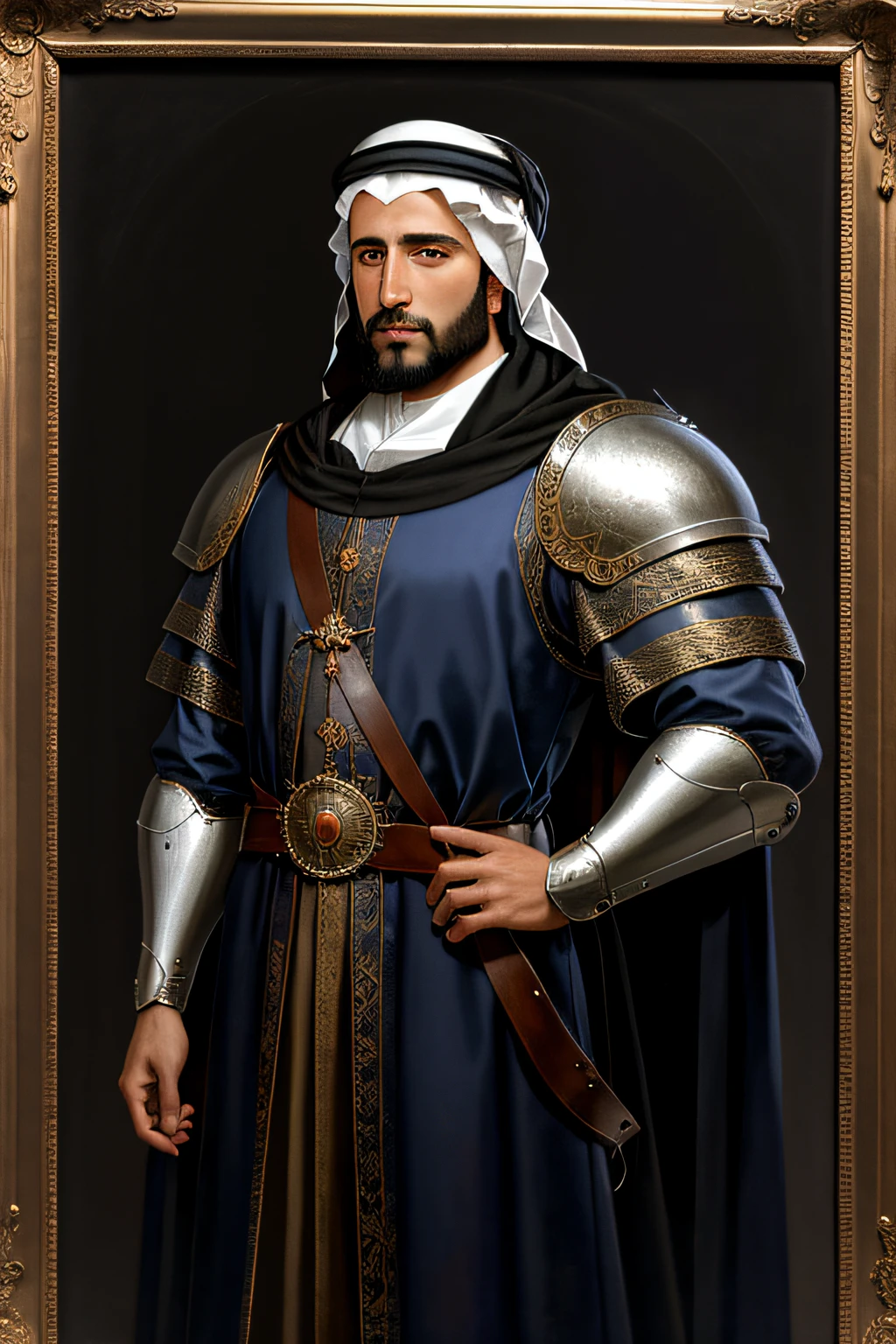 hombre arafed con una armadura de pie, Retrato, pintura renacentista del rey árabe, pintura digital renacentista, inspirado por Giovanni Lanfranco, pintura de un rey, realistic renaissance Retrato, medieval Retrato