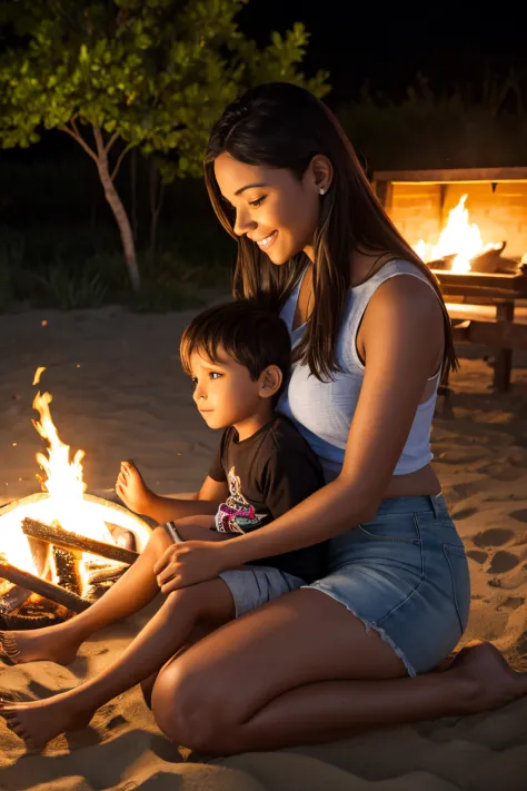 campfire, outdoors, beach, night time, fire sparks, dark brown skin, mother and son, young boy sitting on his mom's lap, 1child, 1boy