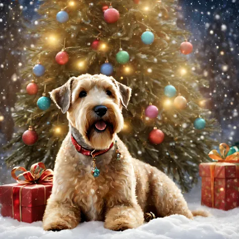 Christmas scene featuring wheaten terrier, The snow falls gently on its soft place, curly fur，Sitting next to a sparkling tree，The tree is decorated with bright things, Colorful ornaments, Holiday-wrapped gifts are scattered around the base, String lights ...