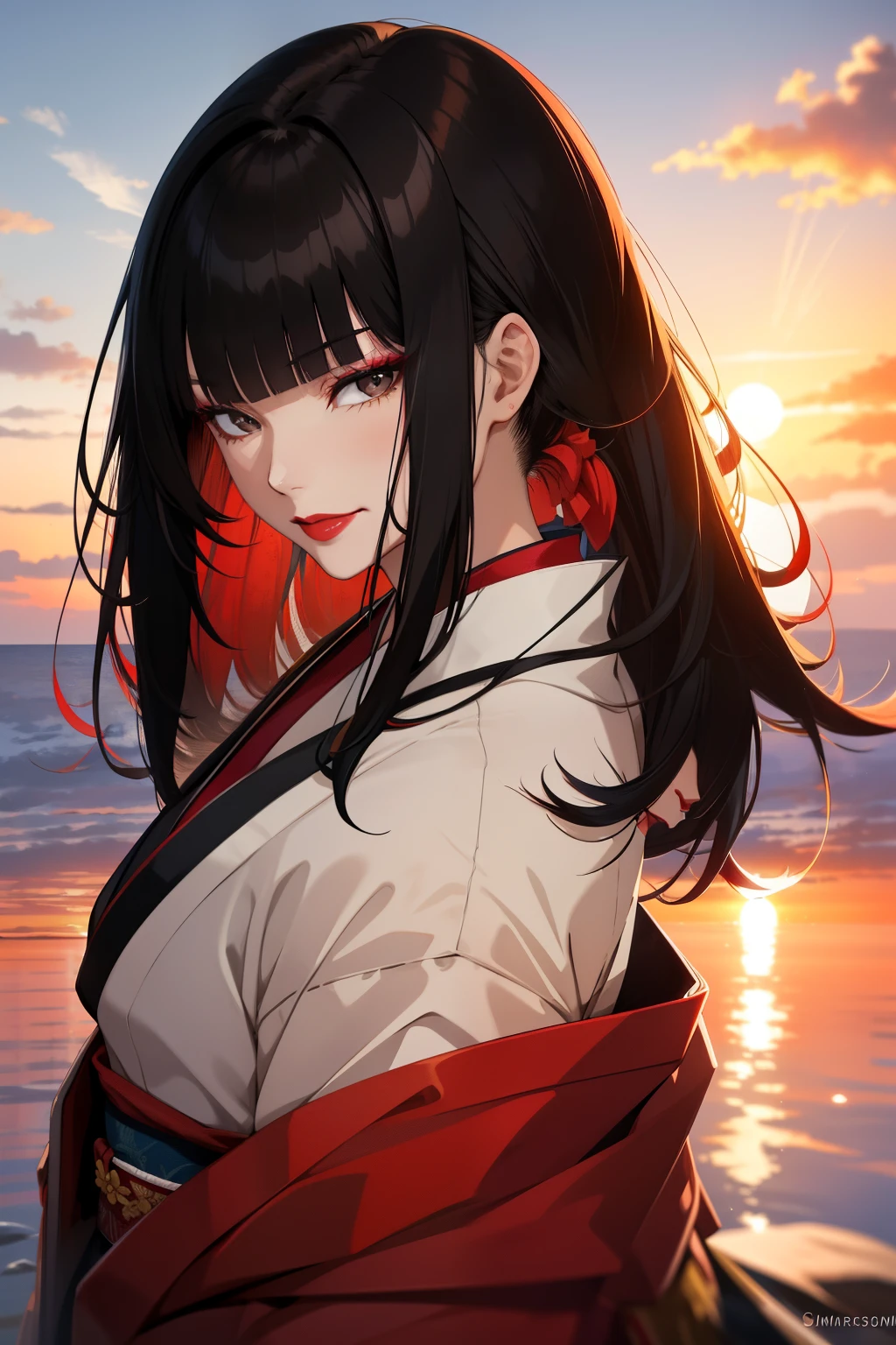 masterpiece, best quality, SShutaraV4, red theme, 1girl, solo, looking at viewer, slight smile, long hair, bangs, blunt bangs, sidelocks, (black eyes), (black hair:1.4), makeup, lipstick, red lipstick, mature, mature female, japanese clothes, kimono, sunset, outdoors, sea, water, sand, cowboy shot,