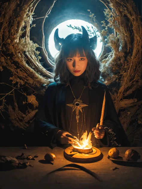 1girl in, (witchcore, witchcraft, pagan, Mystical, Nature, occult) , magician, spell magic, Magic Circle, ((magic in hand)),(mas...