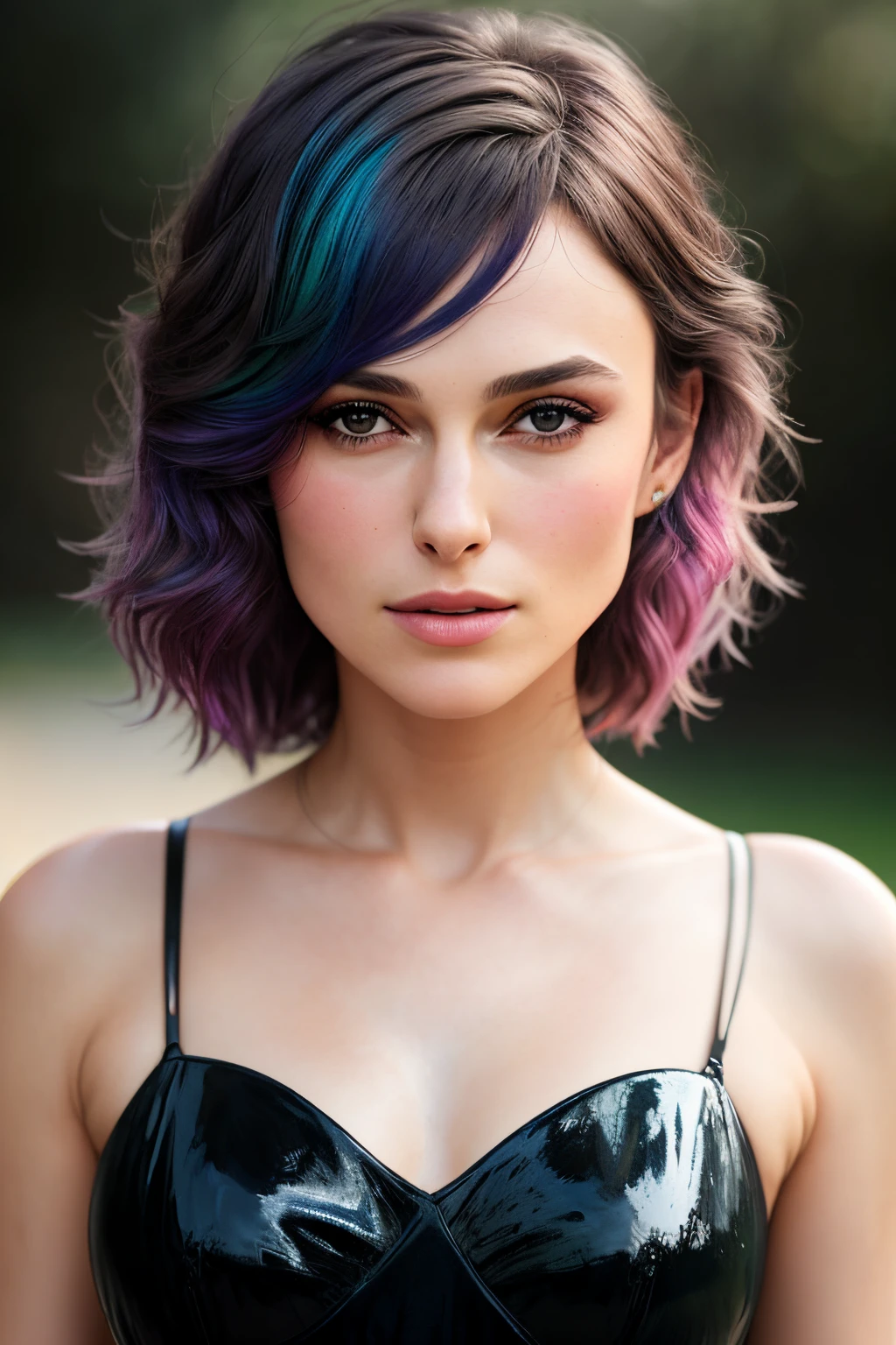 A woman with purple and blue hair wearing a black bra top - SeaArt AI