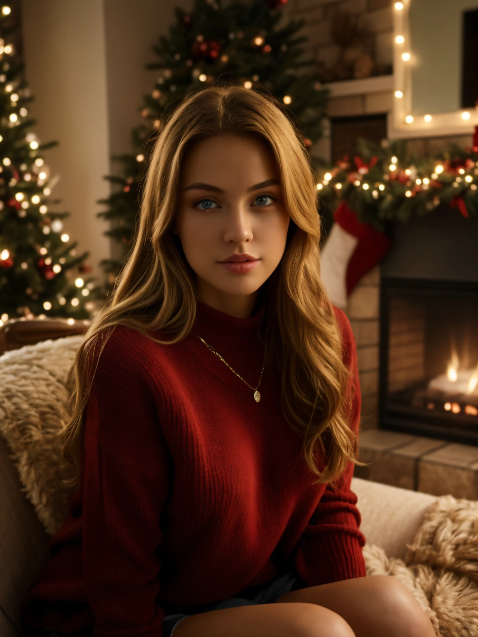 1个Giant Breast Girl, Alone, long whitr hair, Sweaters, looking at viewert, red sweater, Blonde hair, Christmas tree, sitted, jewely, fireplace, christmas, actual, Indoors, choker necklace, fuzzy, benches, cparted lips, Brown eyes, shorter pants, vague background, eBlue eyes