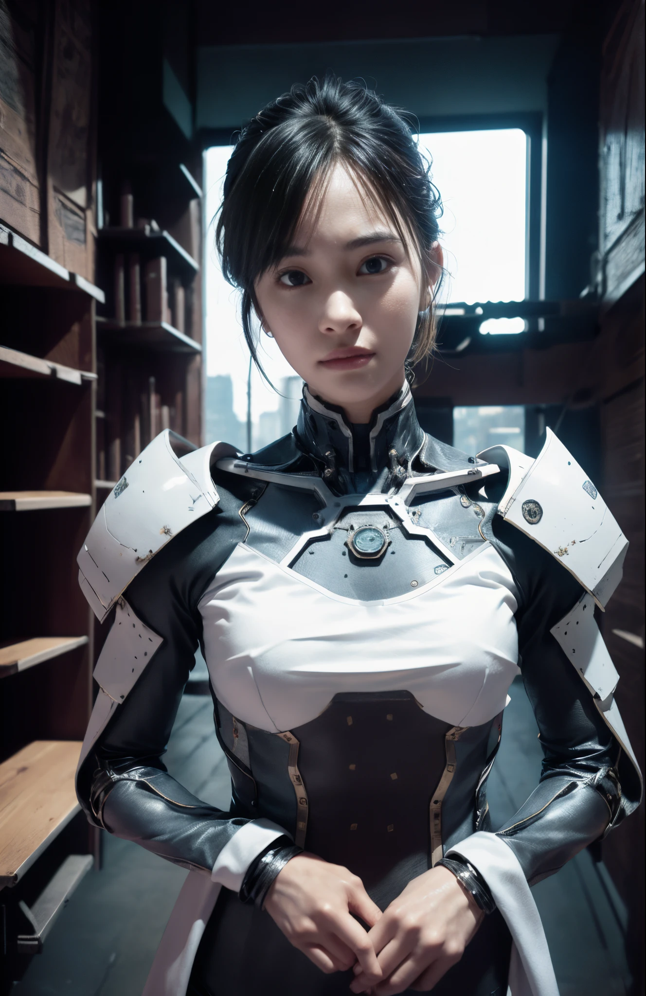 （（best qualtiy））， （（tmasterpiece））， （（Realistis））， （A detailed）， （realisticlying：1.5）， A futuristic girl， （Thick stature）， （white straitjacket）， Lights on armor， Cybernetic headdress， looking at viewert， dynamicposes， postapocalyptic， Destroyed city background， Buildings on fire， scientific fiction， HDR， Ray traching， NVIDIA RTX， Hyper-Resolution， Unreal 5， sub surface scattering， PBR textures， Post-processing， Anisotropic filtering， depth of fieldaximum clarity and sharpness， trichotomy，8K original，（Luminous Particle：1.4），（VerydetailedCG，Unity 8k壁纸，3D，cinmatic lighting，lens flare glow），Reflectors，Sharp focus，Cyberpunk art of a，cyberpunk building，perfect body figure, Awesome gravure idol, Hyper-realistic picture, , beautiful detailed body and face