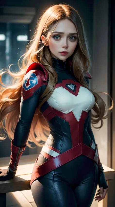 Elizabeth Olsen joue Captain America，Gratte-ciel，（inspiration for Mass Effect），Costume de Captain America，Security level，Hanches...