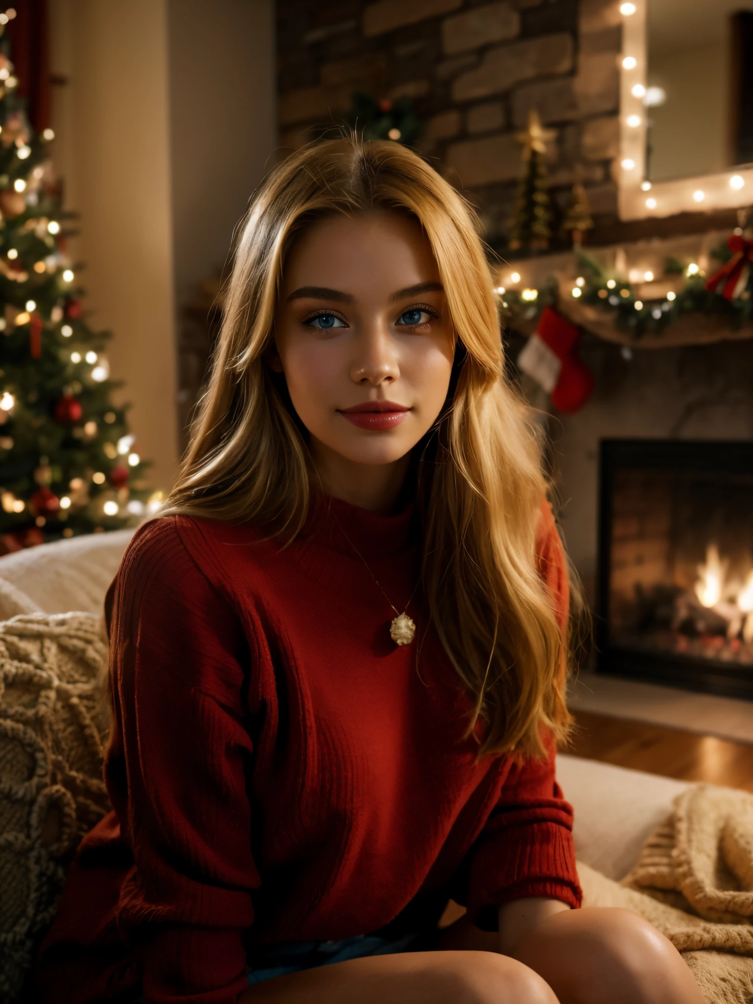 1girl, solo, long hair, sweater, looking at viewer, red sweater, blonde hair, christmas tree, sitting, jewelry, fireplace, christmas, realistic, indoors, necklace, blurry, couch, lips, brown eyes, shorts, blurry background, blue eyes,smile