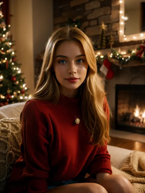 1girl, solo, long hair, sweater, looking at viewer, red sweater, blonde hair, christmas tree, sitting, jewelry, fireplace, chris...