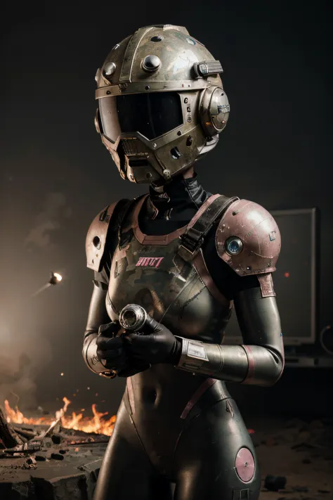 A Modern flat toon Crazy whit a Big ONE a Only Eye Robot and helmet Style, tongs in hands, Tv head, pinhead, camouflage PINK Rusty, Ambient in a meteorite crater super detailed, center, beautiful, soft lighting, focused on the character, 4K resolution, pho...
