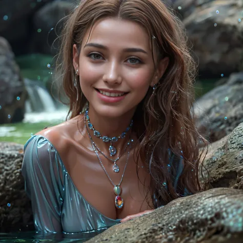 (Best quality, 8k, 32k, Masterpiece, UHD:1.2) water nymph welcomes you to her private rock pool, high in the mountains, jewelry,...
