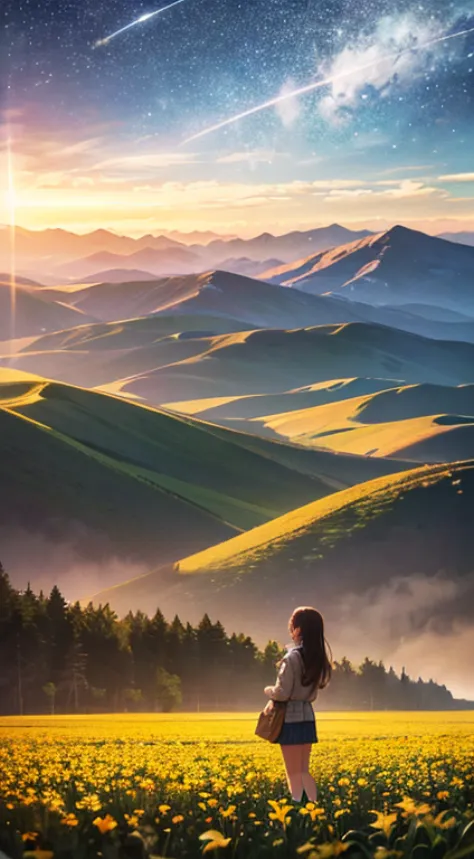 Expansive landscape photograph, (The sky is lower and wider々and visit the countryside), a girl standing on flower field looking ...