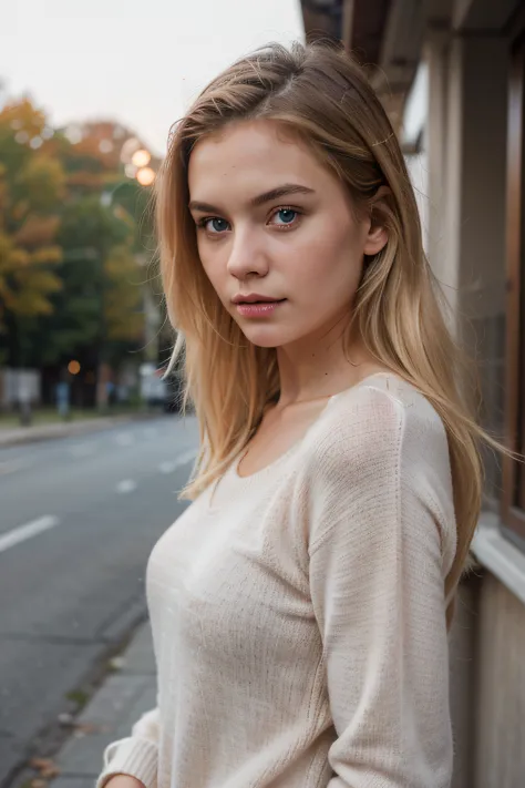 Extremely realistic blonde Russian girl with blonde hair and blue eyes, wearing a pink wool jumper, entire body, pic from the si...