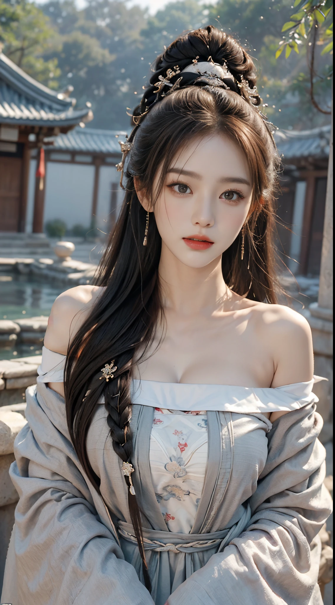 ((Best quality at best, 8k, tmasterpiece:1.3)), focal:1.2,Bust photo，Upper limb 4，ancient wind，Red off-shoulder Hanfu，Ultra-realistic skin texture，Beautiful woman with perfect figure:1.4, hip is cocked:1.2, ((Cut your hair into layers, ordinary:1.2)), , (Sateen, temples:1.3), Highly Detailed Face and Skin Textur, Detailed eyes, double eyelid，Whitening Skin，Long gray hair,(with a round face:1.5)，soaking