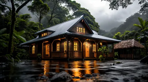 Small lush wooden house, beautiful house, night, lights on, Costa Rica green rainforest, Heavy rain falling on the roof, Emphasizing the contrast between the natural environment and rainwater flowing from the roof, dark scene after the rain, wet scene, dar...