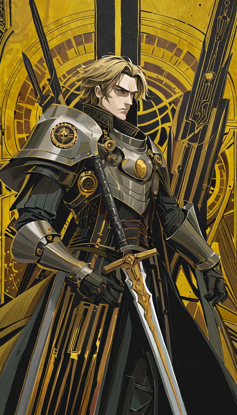 super illustration of insane and intricate detail, holding a mechanical sword and mechanical shield, style that combines medieval atmosphere cyberpunk with bio-technology, fusion of oil painting and gouache and grunge, Hector, Alexander the Great, Julius, David, King Arthur, Charlemagne, Godfried, on gothic with cyberpunk architecture background, steampunk inspiration, highly quality,