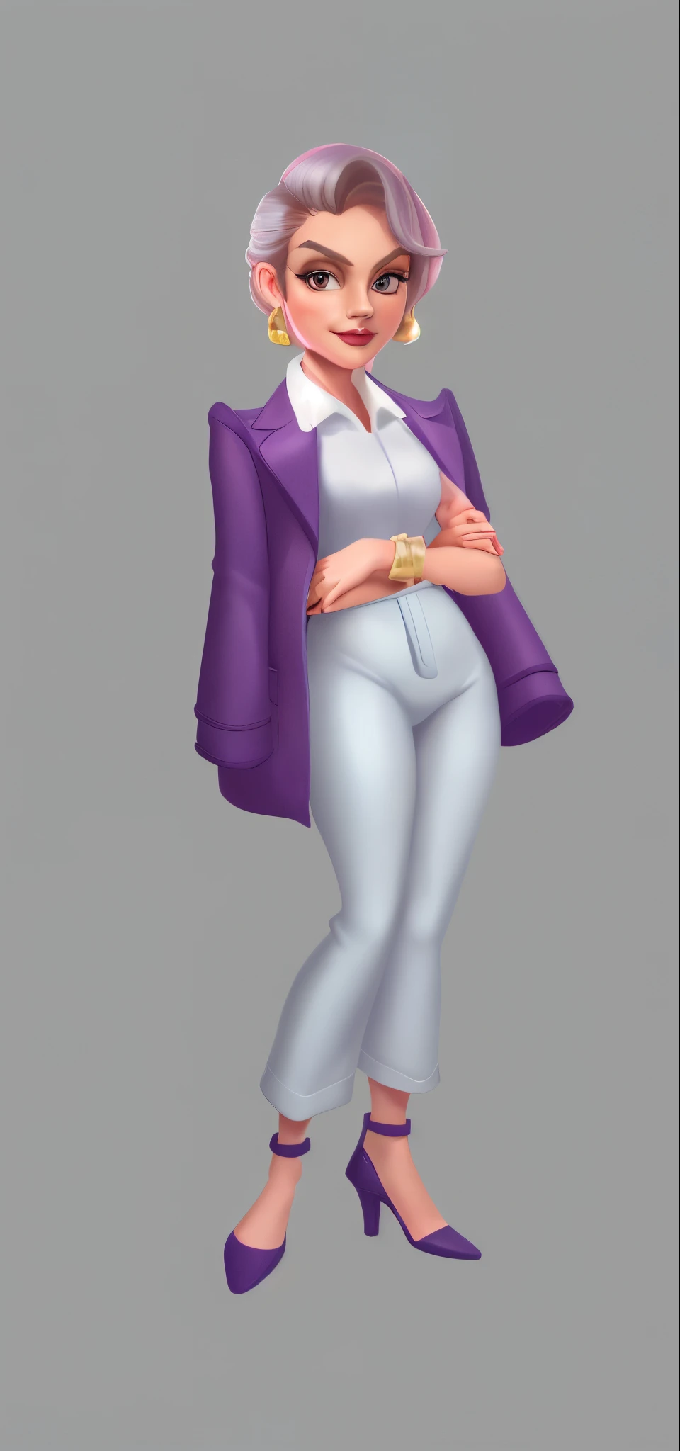 A cartoon of a woman in a purple jacket and white shirt - SeaArt AI