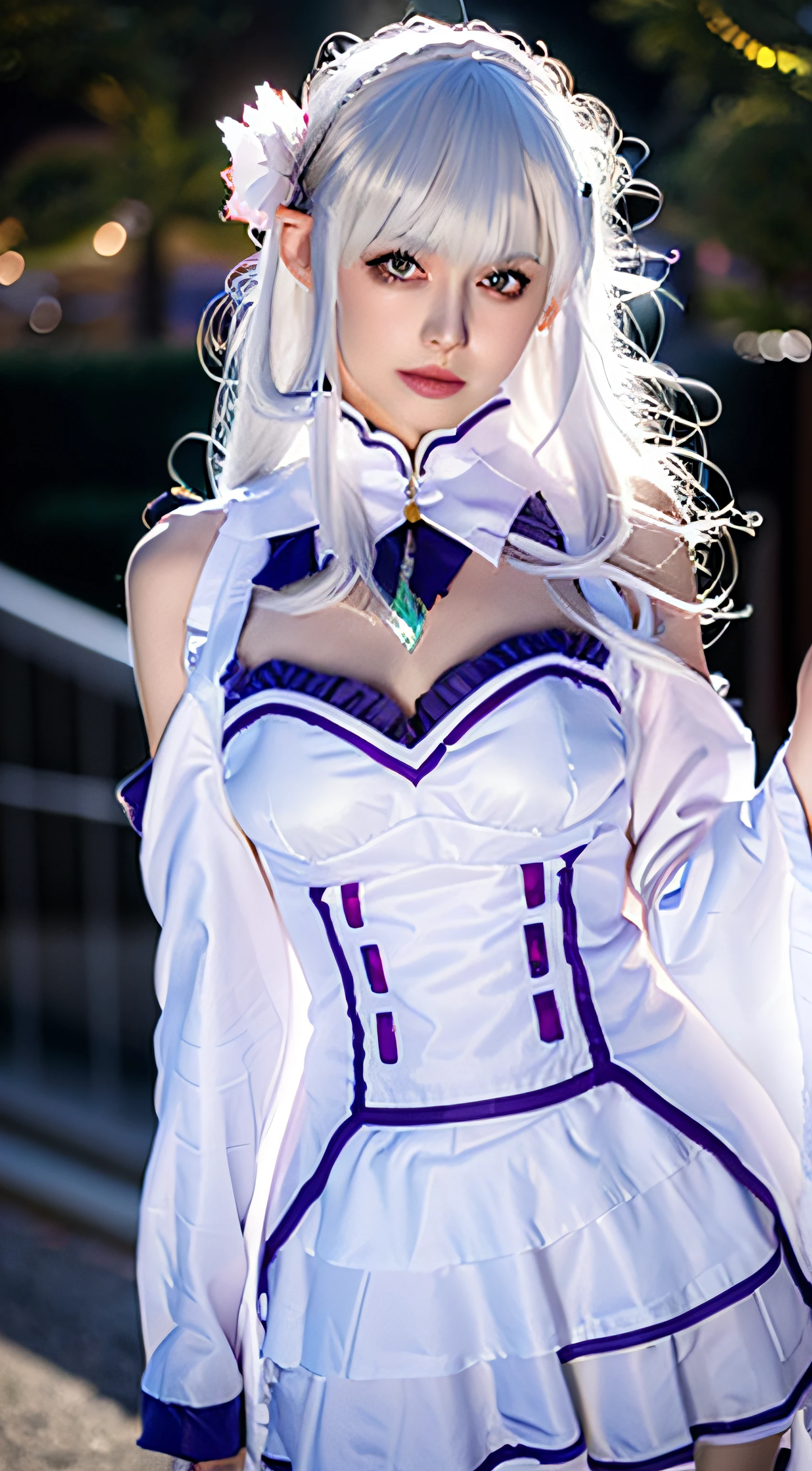 Realistic, 1girl in, White hair, Purple eyes, Glowing eyes, croptop, Skirt, Parted lips, blush, Night, Flowers, Sun, Sunlight, masutepiece, of the highest quality, High resolution, 1girl in, Best Quality, hight resolution, Ultra-detailed, King Emilia:Staynight, Look at viewers, 8K UHD, (masutepiece,Best Quality: 1.2), Ultra-detailed face, hight resolution, 1girl solo, ((Female )), Detail Face, Realistic, perfect hand, Bokeh, Perfect face, 8K UHD, 20yr old female, (Half body:1.5), (medium breasts:1.2), Photorealistic, Ultrarealistic, absurderes, unbelievable Ridiculous, Canon EOS R6, 85 mm, 1/200/5.6, ISO 1600, nice hand, Perfect hands