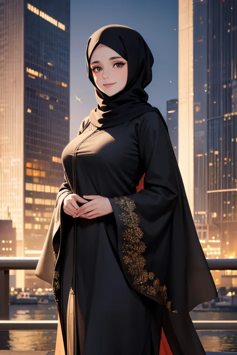 Young woman, age 40, wearing a black headscarf brown eyes Sparkling smile Wear an abaya Illustration with tall buildings 4K high resolution, advanced art, captures clear image details.
