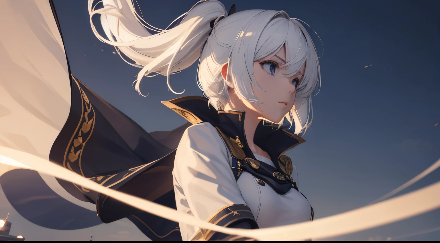 (extremely detailed CG unity 8k wallpaper), (masterpiece), (best quality), (ultra-detailed), (best illustration), (best shadow), (absurdres), 2, 1girl, short hair, short ponytail, normal size boobs, white hair, blindfold solo, Intimidating women, admiral uniform, night, hero pose, white clothes, General Uniform, Military Uniform, Sunlight, exposed to sunlight,commander, cape, fighting, ((beautiful fantasy girl)), (Master Part: 1.2), Best Quality, High Resolution, photorealestic, photogenic, Unity 8k壁纸, perfect lighting, (perfect arms, perfect anatomy) beatiful face, intricate details, Detalhes realistas, the anime, The Perfect Girl, perfect details, Ultra HD |, 8K, Professional photo, Car background