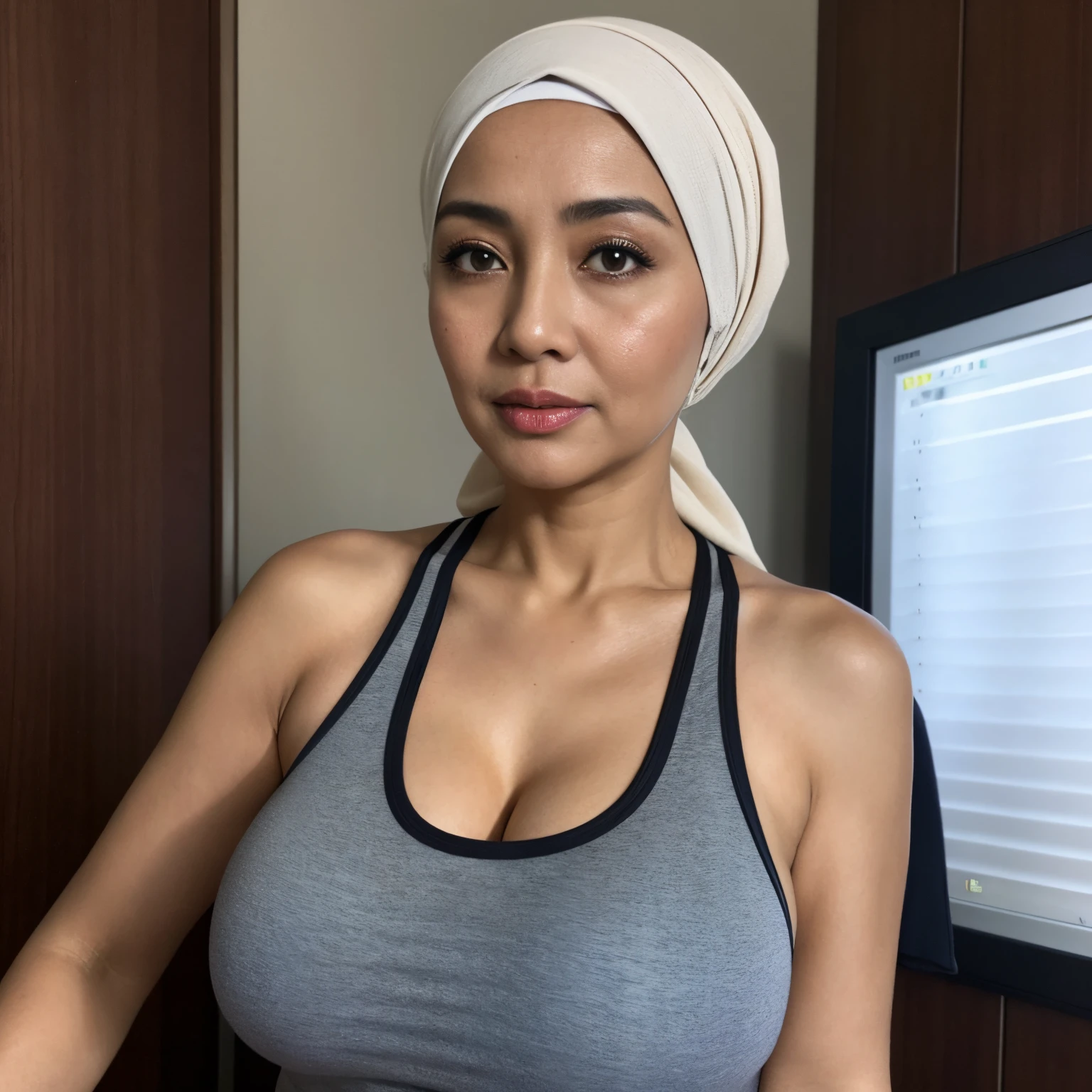 A close up of a woman wearing a head scarf and a tank top - SeaArt AI