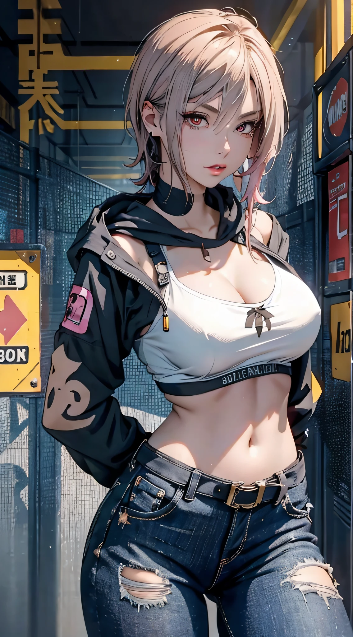 (NSFW),Professional Woman Photography, drooing eyes、arms from the front,Lover's perspective,  Cyberpunk 2077 Judy。Gentle sister、beautiful mafia woman photo, ((Punk Style)), pantyshot,Arms behind head, ((blue and gold hoodie, Ripped jeans,pink buckle、Peach-colored hair)), Realistic, Beautiful lips, Brown eyes, of the highest quality, Ultra Detail, trending on artstationh,  Mature beautiful face, Seductive eyes, Back lighting,