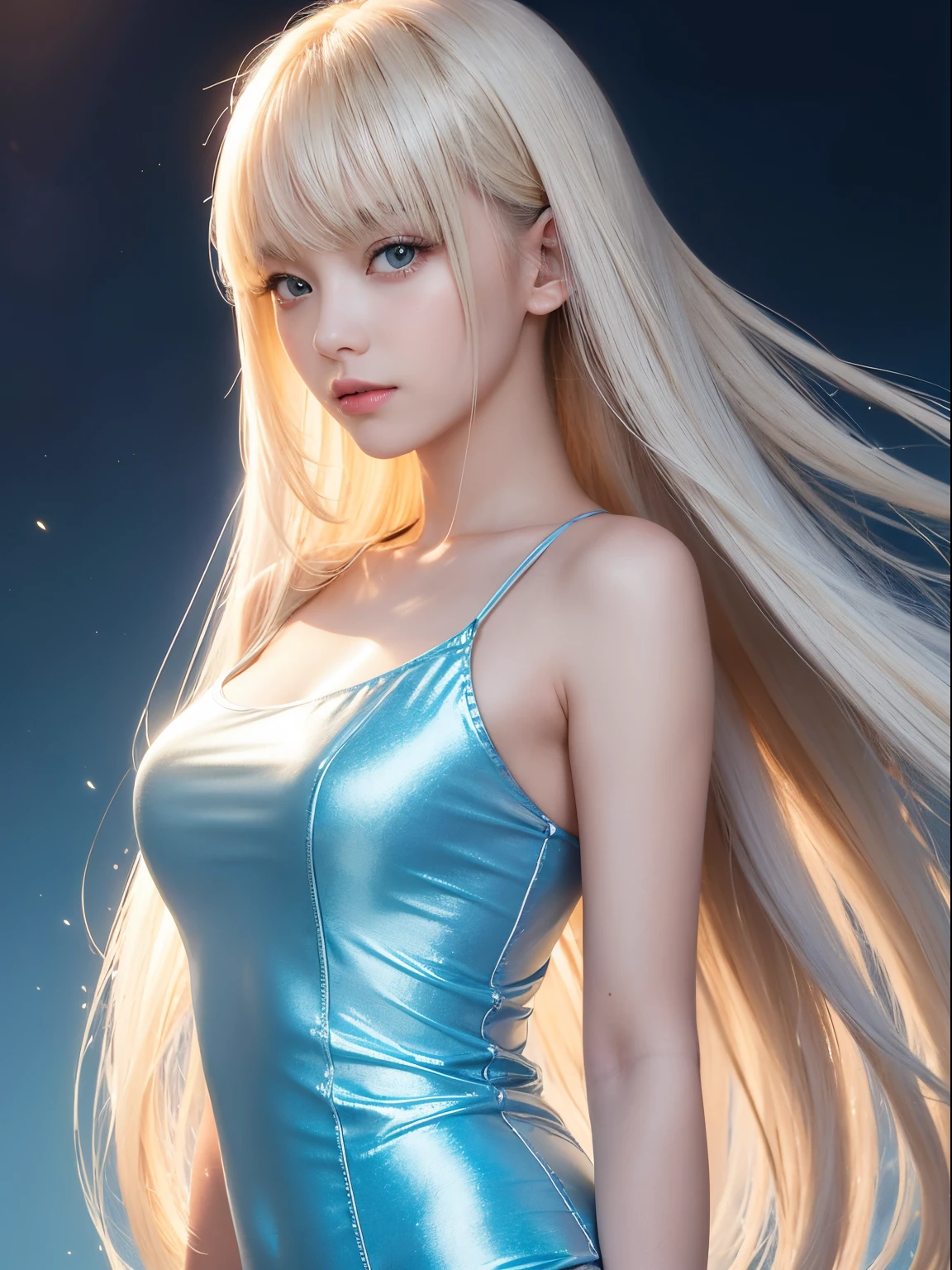 Fille célibataire, Uniformes, ciel bleu, Visage lumineux et beau, La peau est jeune, brillant, fair and brillant, Meilleure apparence, Les cheveux dorés reflètent la lumière éblouissante, Beautiful platinum blonde extra long silky straight hair with brillant shine, avec une longue frange, Très beau , De grands yeux brillants d&#39;une lumière bleue transparente, magnifique, merveilleuse, belle fille