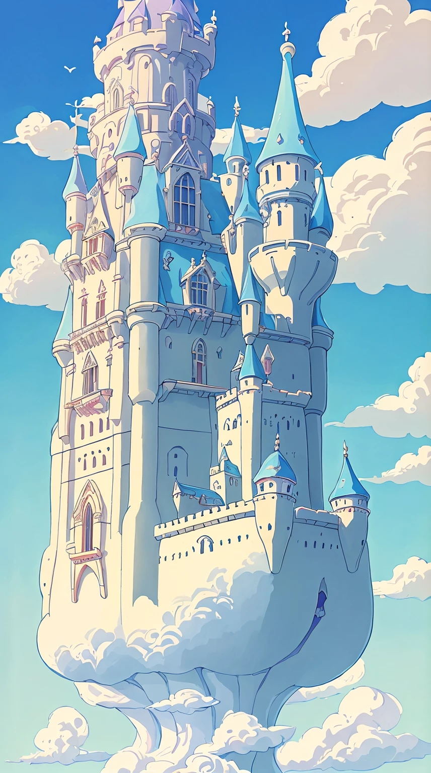 "majestic floating cloud castle, with  the (Best quality:1.3), (A high resolution:1), (Excellent:1.perfect pubic bone:1.Parfait:1.3), (Detailed pubic hair:1.3) Art from Studio Ghibli."