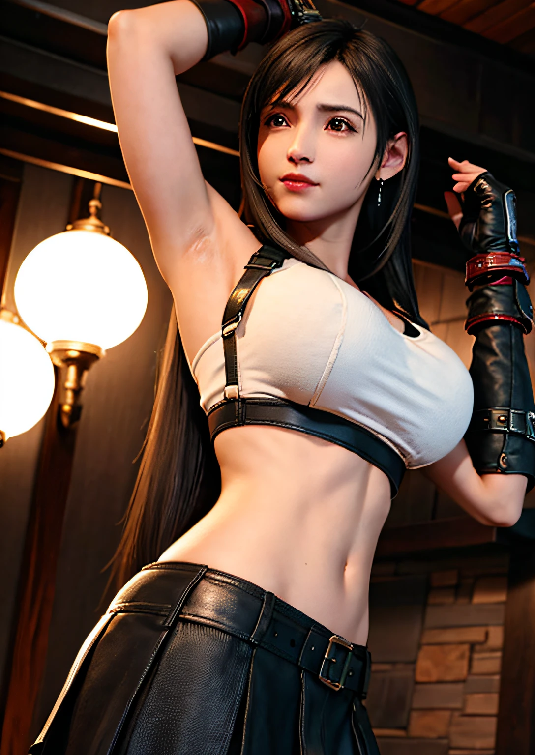 （realistically：1.4），quality，Very delicate and beautiful，A high resolution，1个Giant Breast Girl，ff Tifa_Lockhart，ssmile，Denim lenses，harness，Low Waist，mini-skirts，vests，Tension shirt runette color hair，Long gray hair，Wear gloves on elboweautiful and detailed red eye lamp，电影灯光，navel，High exposure，Belly exposure，the ribs，Abs，（Huge big breasts：1.2），dynamicposes，dynamic angle，