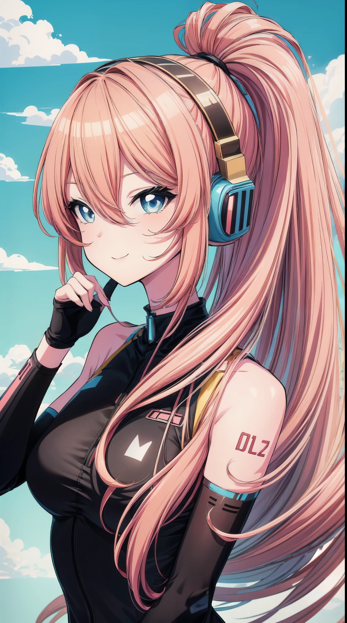 (masterpiece), best quality, (smiling), Luka Megurine, Luka, Vocaloid, (wearing a black and pink racing suit:1.2), Luka Megurine, megurine luka, ponytail, pastel blue eyes, pink long hair, hair between eyes, headphones, beautiful background, (dynamic posing), expressive