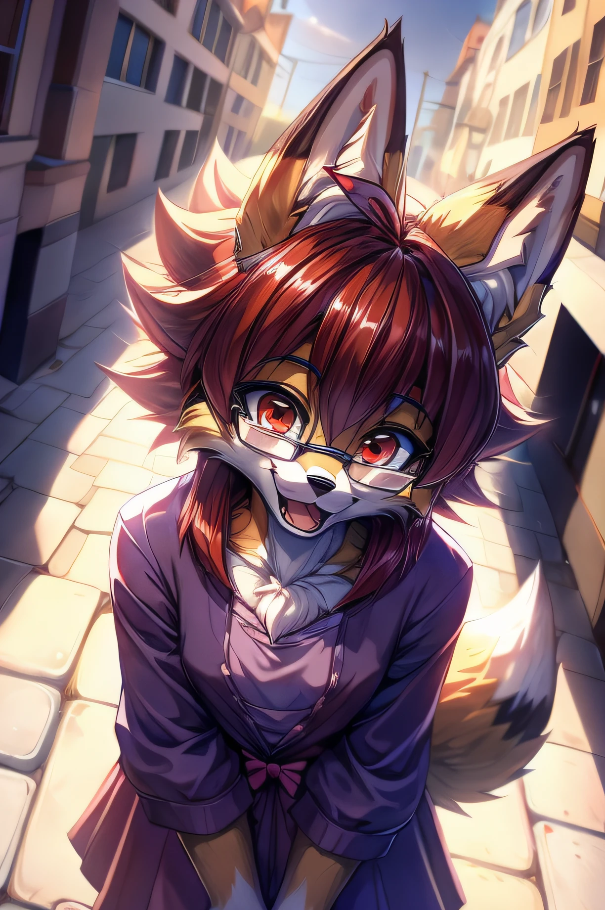 fox furry girl with short red hair, fluffy hair shy, beautiful red eyes, wearing glasses,  very  fluffy tail, , bow in hair, 17 years old, happy , happy mouth, young body, Good girl, wearing a cute purple modest cute outfit, leaning over, walking in the streets, being adorable, proud girl, wanting to be loved, side perspective