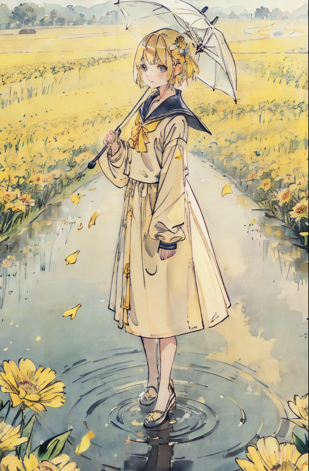 желтый цветок、желтые волосы、цветочное поле、Дождь、зонтики、лужа、Отражатели、матросский костюм