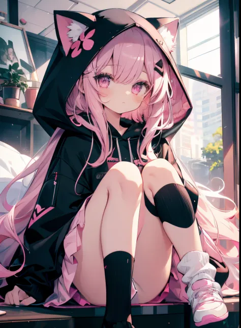 a young girl with long pink hair in a black hood and cats ears, 1girl, solo, hood, pink hair, skirt, long hair, socks, sitting, looking at viewer, white skirt, long sleeves, pleated skirt, hair ornament, black socks, bangs, closed mouth, animal ears, pink ...