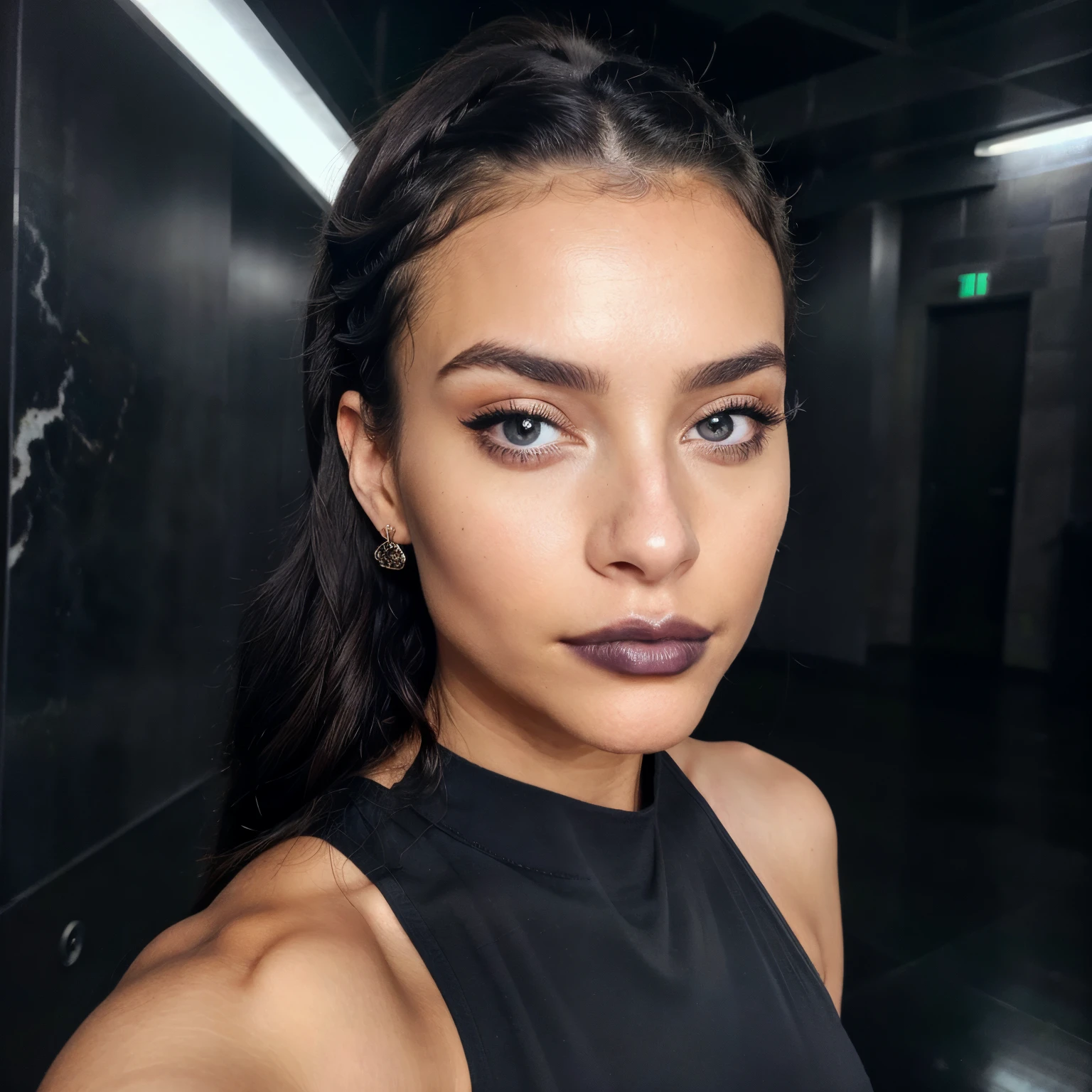 A woman with dark hair and a black top posing for a selfie - SeaArt AI