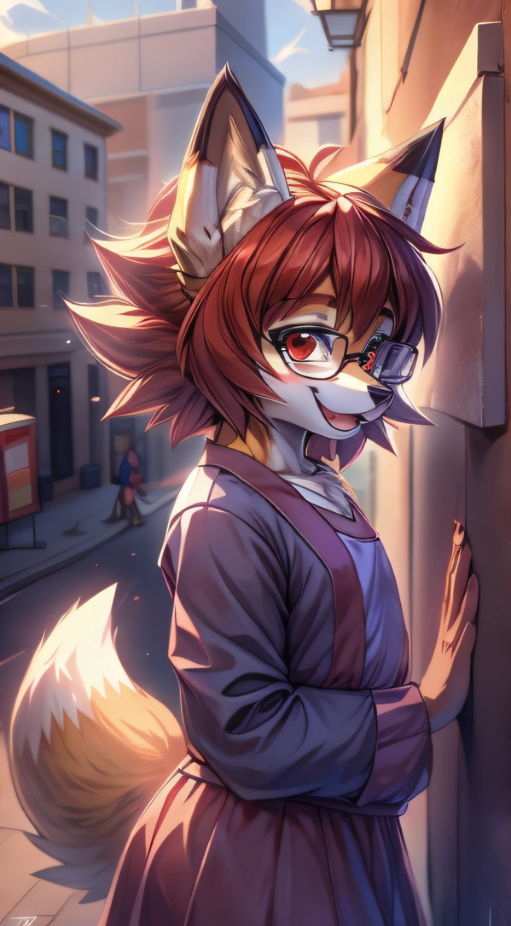 fox furry girl with short red hair, fluffy hair shy, beautiful red eyes, wearing glasses,  very  fluffy tail, , bow in hair, 17 years old, happy , happy mouth, young body, Good girl, wearing a cute purple modest cute outfit, leaning over, walking in the streets, being adorable, proud girl, wanting to be loved, side perspective