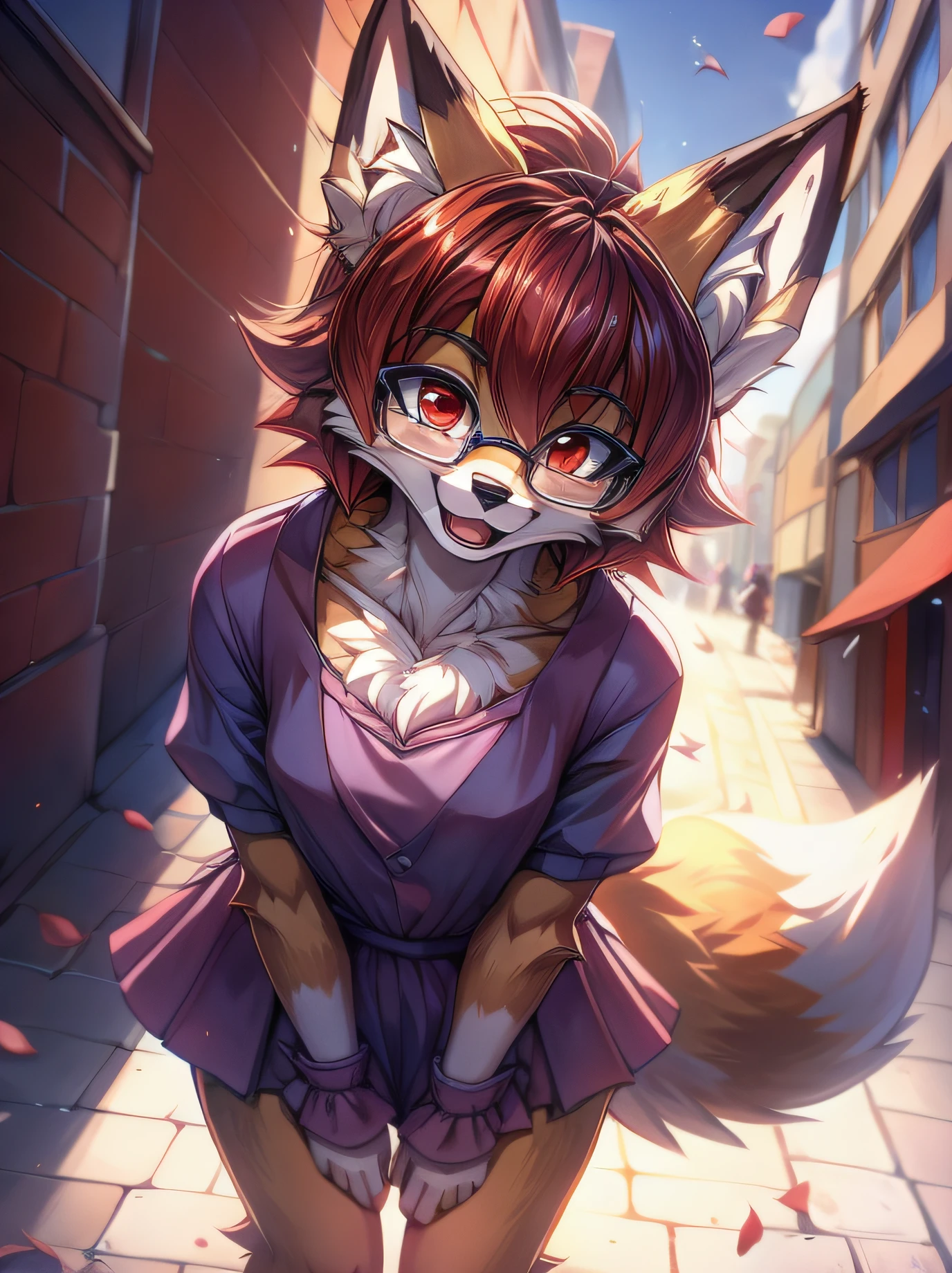 fox furry girl with short red hair, fluffy hair shy, beautiful red eyes, wearing glasses,  very  fluffy tail, small chest, bow in hair, 17 years old, happy , happy mouth, young body, Good girl, wearing a cute purple modest cute outfit, leaning over, walking in the streets, being adorable, proud girl, wanting to be loved, side perspective