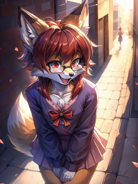 fox furry girl with short red hair, fluffy hair shy, beautiful red eyes, wearing glasses,  very  fluffy tail, small chest, bow i...