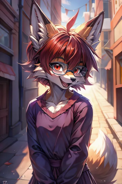 fox furry girl with short red hair, fluffy hair shy, beautiful red eyes, wearing glasses,  very  fluffy tail, small chest, bow i...
