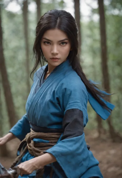 menina de pele branca, cabelos cacheados vestida de ninja azul, estilo anime, Combat Position