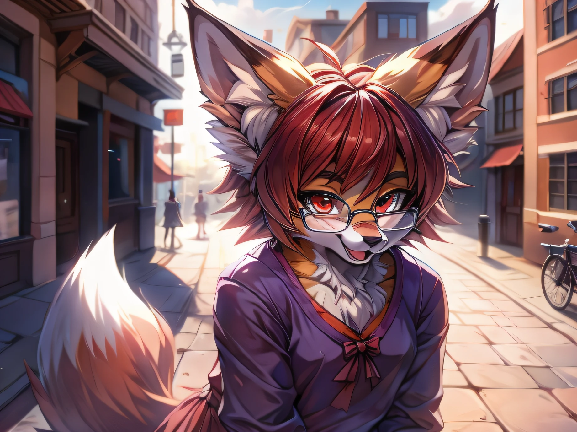 fox furry girl with short red hair, fluffy hair shy, beautiful red eyes, wearing glasses,  very  fluffy tail, , bow in hair, 17 years old, happy , happy mouth, young body, Good girl, wearing a cute purple modest cute outfit, leaning over, walking in the streets, being adorable, proud girl, wanting to be loved, seen from her side