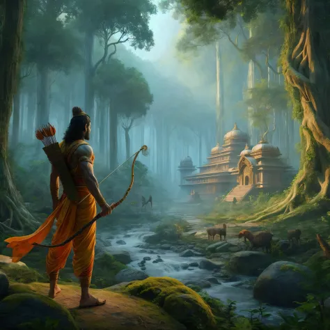 forest dweller lord rama bow in hand, temple, 4k, realistic
